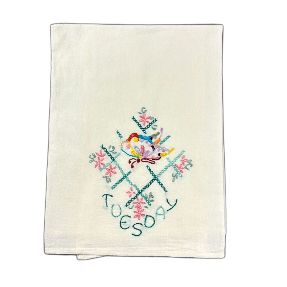 VTG Hand Embroidered Tuesday Tea Towel Floral Cottagecore Kitchen Linen